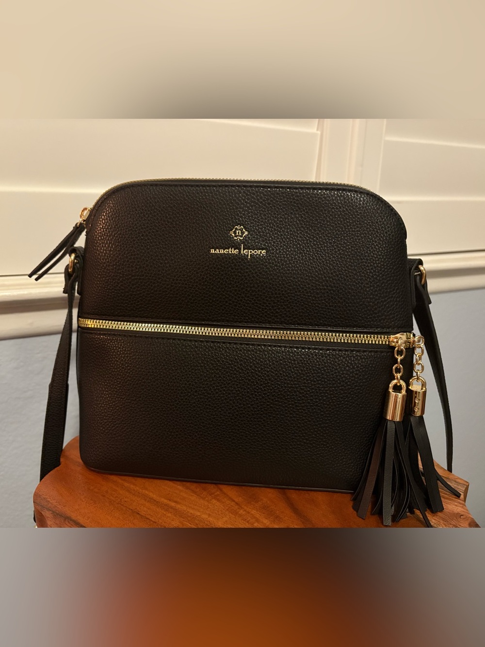 Nanette Lepore Black Pebbled Leather Messenger with Gold Accents